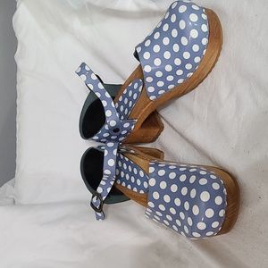Sanita Mary Jane wood sole Clogs Blue & White Polka-dots Size 37/6.5